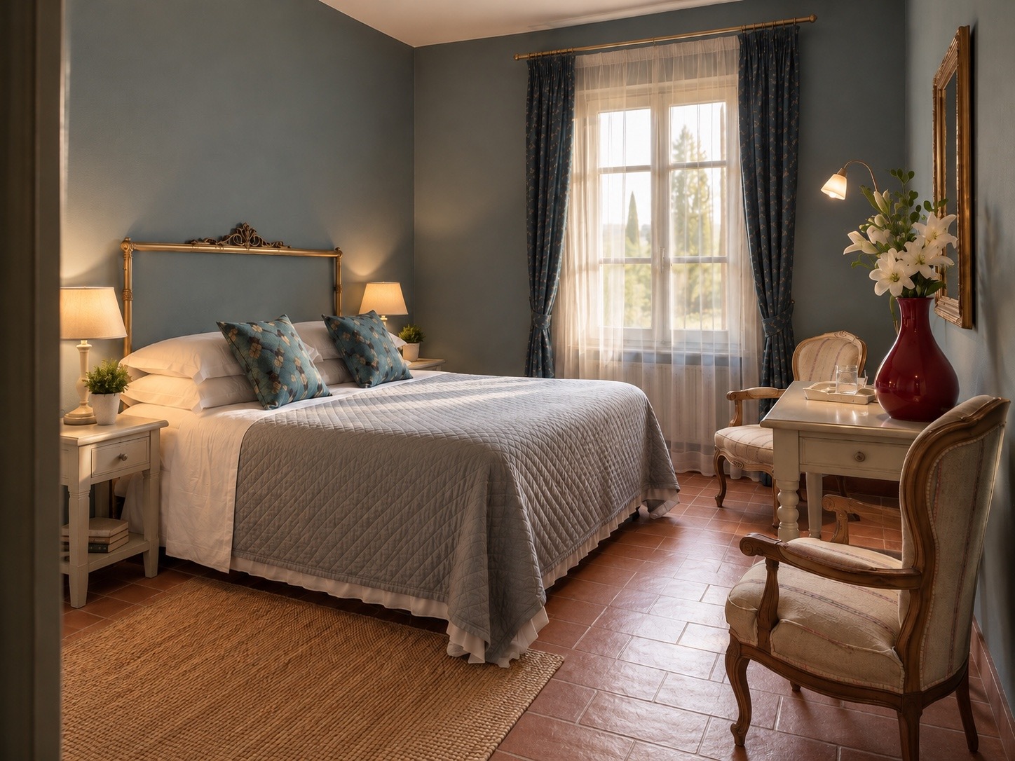 A Terracqua room with blue walls and wooden furniture