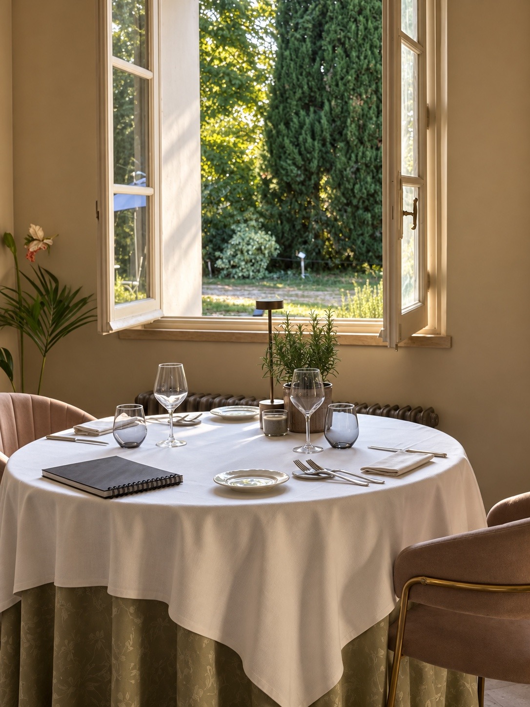 A set table at Terracqua restaurant beside an open window overlooking the garden